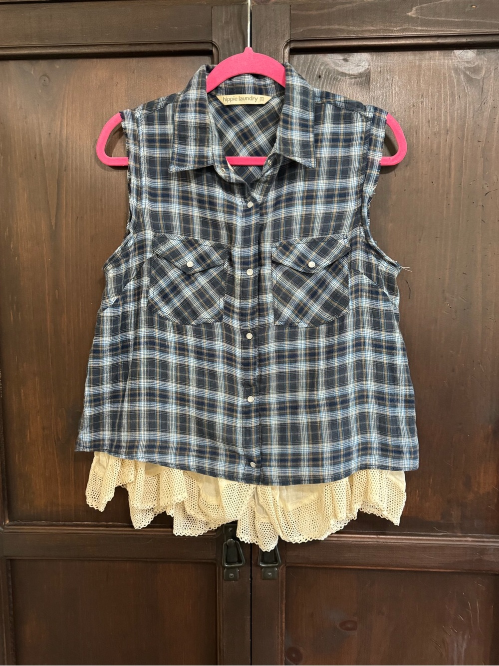 Hippie Laundry Blue Plaid Sleeveless Button-Up Top with Cream Crochet Hem boho